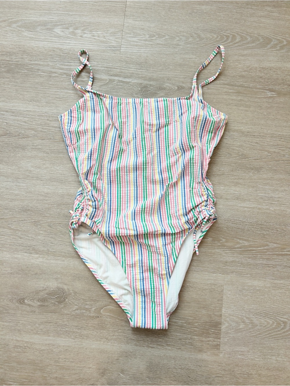 J Crew ruched side one-piece swimsuit in rainbow seersucker size 10